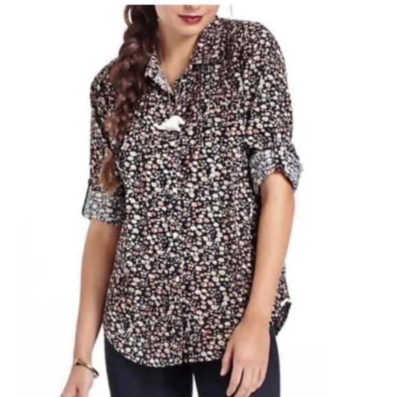 Birds of Paradis Trovata Corduroy Ditsy Floral Pintuck Button Up L - Picture 2 of 16